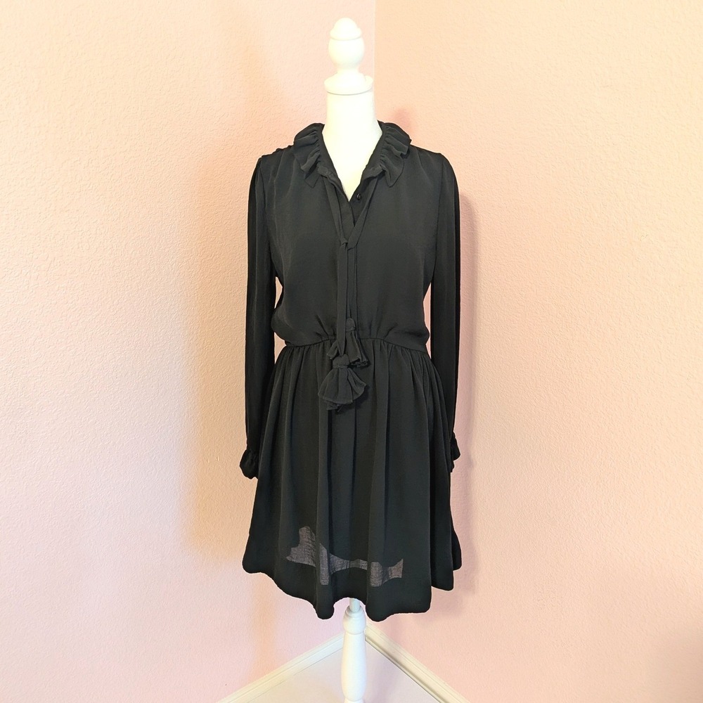 Seed Femme Black Ruffle Tie Neck Long Sleeve Mini Dress US 6 AU 10